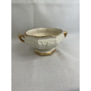 Vintage‎ Shafer 22K Gold Trim Speckled Cream Footed Bowl Mid Century Pottery
